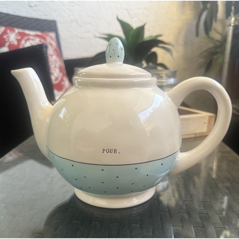 New Rae Dunn Artisan Collection By Magenta Blue Polka Dot POUR Teapot